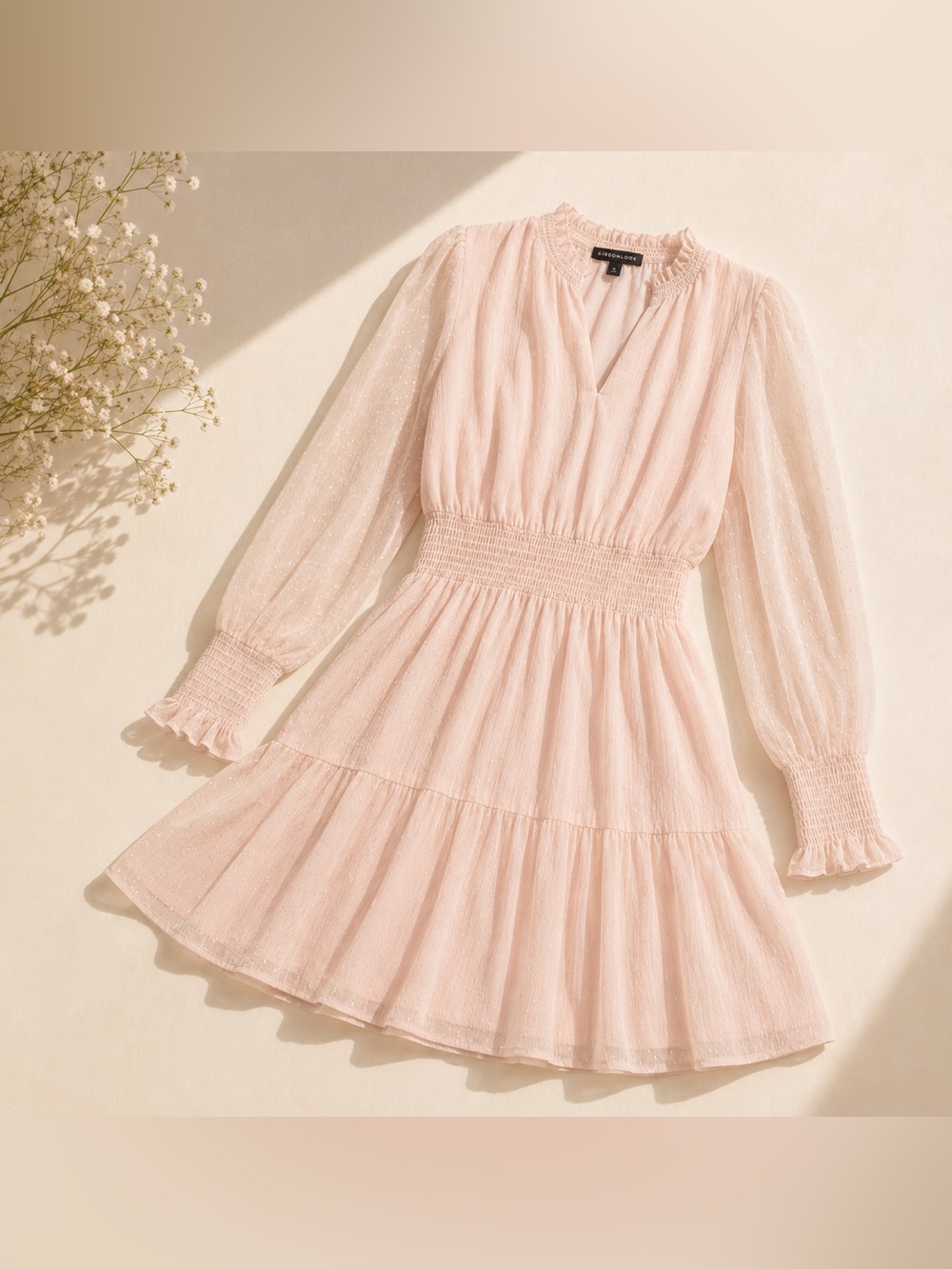 Gibsonlook Blush Pink Sheer Sleeve Smocked Waist Medium Cottagecore